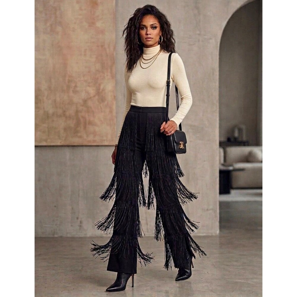 Fashion Nova Black Tiered Fringe Pants Western Glam Festival Flare Trouser M
